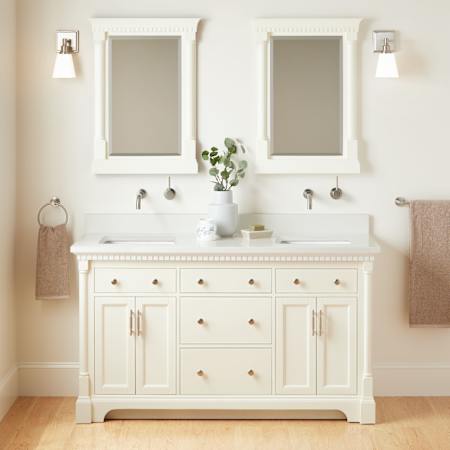 Signature Hardware Claudia 60" Mahogany Double Basin Vanity Set with Cabinet, Vanity Top, and Rectangular Undermount Sinks - No Faucet Holes Antique White / Arctic White Quartz