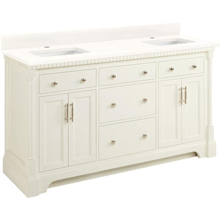 Signature Hardware Claudia 60" Mahogany Double Basin Vanity Set with Cabinet, Vanity Top, and Rectangular Undermount Sinks - Single Faucet Holes Antique White / Arctic White Quartz