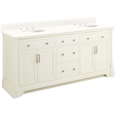 Signature Hardware Claudia 72" Freestanding Mahogany Double Basin Vanity Set with Cabinet, Vanity Top, and Oval Undermount Sinks - 8" Faucet Holes Antique White / Arctic White Quartz