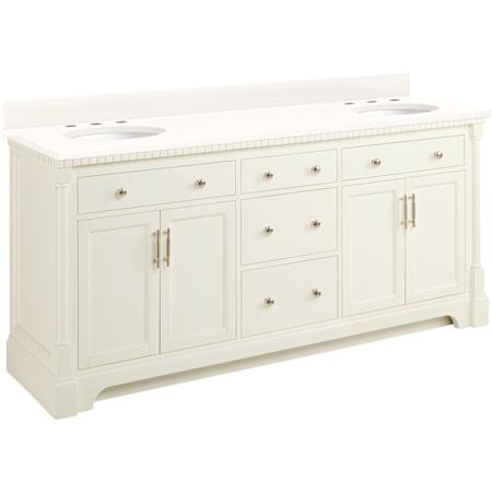 Signature Hardware Claudia 72" Freestanding Mahogany Double Basin Vanity Set with Cabinet, Vanity Top, and Oval Undermount Sinks - 8" Faucet Holes Antique White / Arctic White Quartz