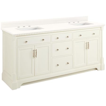 Signature Hardware Claudia 72" Freestanding Mahogany Double Basin Vanity Set with Cabinet, Vanity Top, and Rectangular Undermount Sinks - 8" Faucet Holes Antique White / Arctic White Quartz