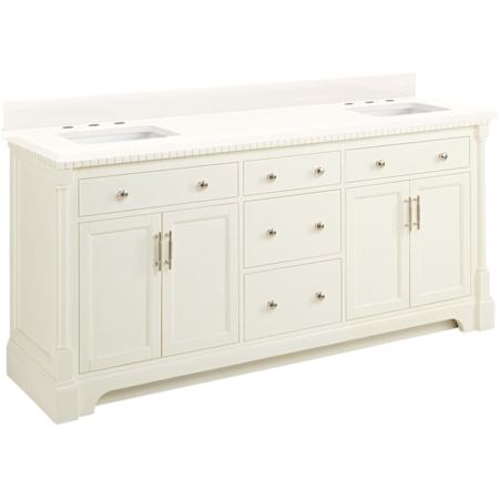 Signature Hardware Claudia 72" Freestanding Mahogany Double Basin Vanity Set with Cabinet, Vanity Top, and Rectangular Undermount Sinks - 8" Faucet Holes Antique White / Arctic White Quartz