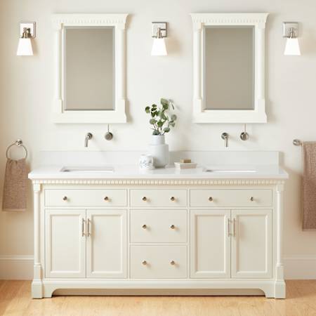 Signature Hardware Claudia 72" Freestanding Mahogany Double Basin Vanity Set with Cabinet, Vanity Top, and Rectangular Undermount Sinks - No Faucet Holes Antique White / Arctic White Quartz