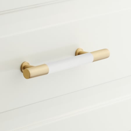 Signature Hardware Simbury 3-3/4 Inch Center to Center Bar Cabinet Pull Matte White / Satin Brass
