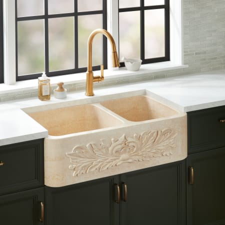 Signature Hardware Silbury 36" Farmhouse 60/40 Double Basin Marble Kitchen Sink Cream Egyptian Marble