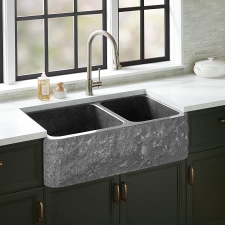 Signature Hardware Finbrook 36" Farmhouse 60/40 Double Basin Chiseled Granite Kitchen Sink Black Granite