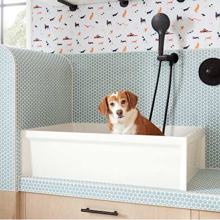 Signature Hardware Linwald 36-1/8" Free Standing Single Basin Stone Composite Utility Sink White / Brushed Gold Drain