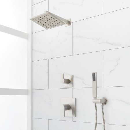 Signature Hardware Hibiscus Pressure Balanced Shower System with Rainfall Shower Head, Hand Shower, Shower Arm, Hose, and Valve Trim - Accufit Rough-In Valve Included Brushed Nickel