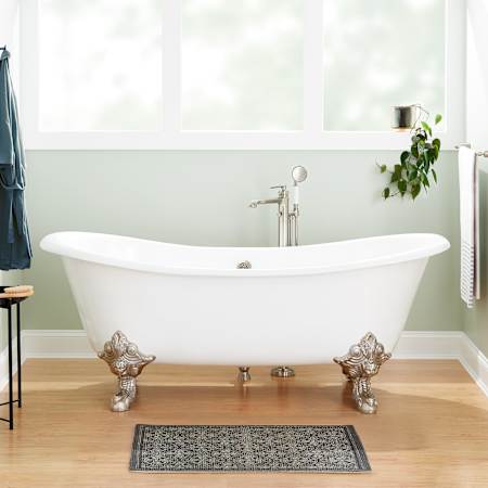 Signature Hardware Lena 67" Free Standing Cast Iron Clawfoot Soaking Tub, Drain Included White / Brushed Nickel / Brushed Nickel Drain