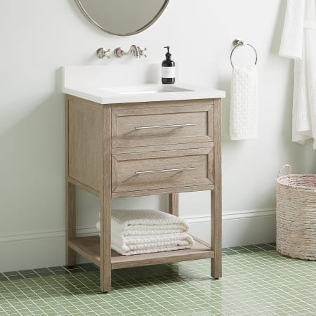 Signature Hardware Robertson 24" Freestanding Mahogany Single Basin Vanity Set with Cabinet, Vanity Top, and Rectangular Undermount Sink - No Faucet Holes Brushed White / Arctic White