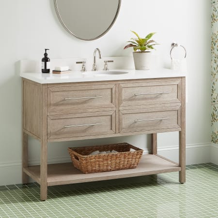 Signature Hardware Robertson 48" Freestanding Mahogany Single Basin Vanity Set with Cabinet, Vanity Top, and Oval Undermount Sink - 8" Faucet Holes Brushed White / Arctic White