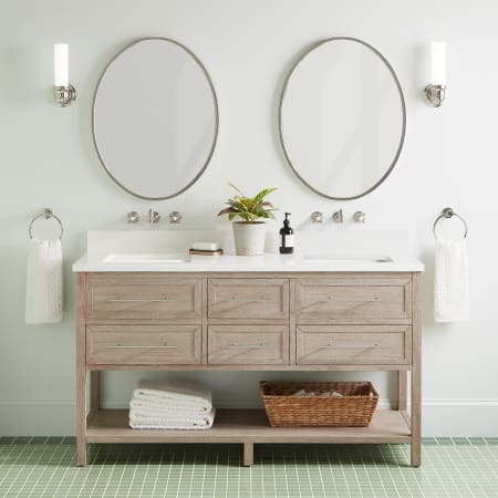 Signature Hardware Robertson 60" Freestanding Mahogany Double Basin Vanity Set with Cabinet, Vanity Top, and Rectangular Undermount Sinks - No Faucet Holes Brushed White / Arctic White