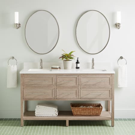 Signature Hardware Robertson 60" Freestanding Mahogany Double Basin Vanity Set with Cabinet, Vanity Top, and Rectangular Undermount Sinks - Single Faucet Holes Brushed White / Arctic White