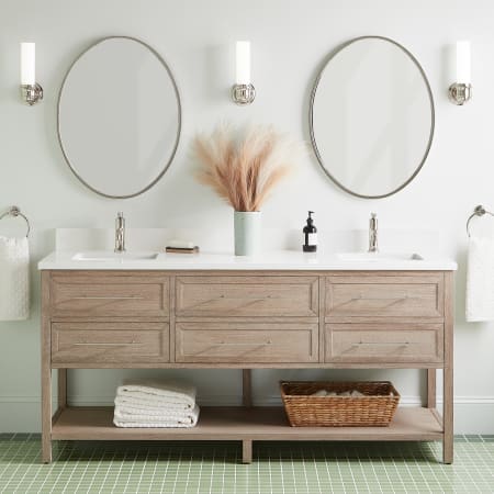 Signature Hardware Robertson 72" Freestanding Mahogany Double Basin Vanity Set with Cabinet, Vanity Top, and Rectangular Undermount Sinks - Single Faucet Holes Brushed White / Arctic White