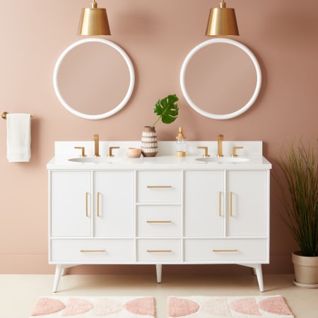 Signature Hardware Novak 60" Freestanding Mahogany Double Basin Vanity Set with Cabinet, Vanity Top, and Oval Undermount Sinks - 8" Faucet Holes Bright White / Arctic White