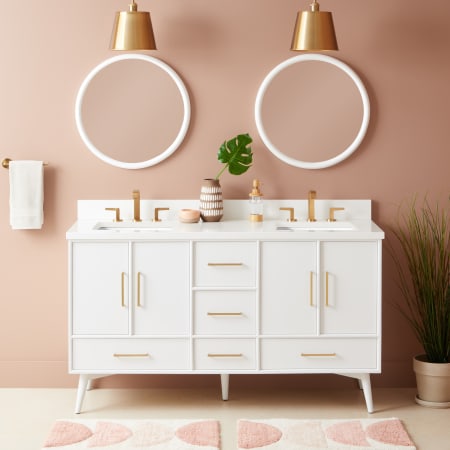 Signature Hardware Novak 60" Freestanding Mahogany Double Basin Vanity Set with Cabinet, Vanity Top, and Rectangular Undermount Sinks - 8" Faucet Holes Bright White / Arctic White