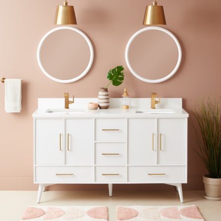 Signature Hardware Novak 60" Freestanding Mahogany Double Basin Vanity Set with Cabinet, Vanity Top, and Rectangular Undermount Sinks - Single Faucet Holes Bright White / Arctic White
