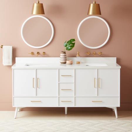 Signature Hardware Novak 72" Freestanding Mahogany Double Basin Vanity Set with Cabinet, Vanity Top, and Rectangular Undermount Sinks - No Faucet Holes Bright White / Arctic White