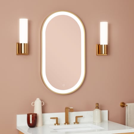 Signature Hardware Faysel 18" W x 32" H Transitional Oval Framed Bathroom Wall Mirror with LED Lighting Satin Gold
