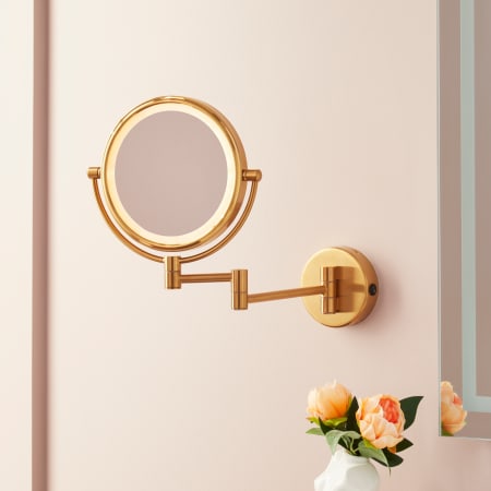 Signature Hardware Harbin 9-5/8" W x 12-5/8" H Modern Circular Framed Bathroom Wall Mirror with Light Brushed Gold