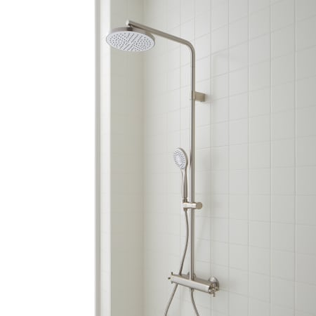 Signature Hardware Hollybrook Thermostatic Exposed Pipe Shower System with Rainfall Shower Head, Multifunction Hand Shower, and Hose Brushed Nickel