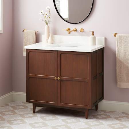 Signature Hardware Delavan 36" Freestanding Mahogany Single Basin Vanity Set with Cabinet, Vanity Top, and Rectangular Undermount Sink - No Faucet Holes Cold Brew / Arctic White