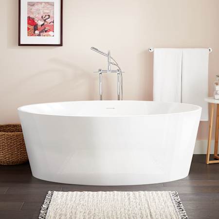 Signature Hardware Lesa 63" Solid Surface Soaking Freestanding Tub with Integrated Drain and Overflow Glossy White