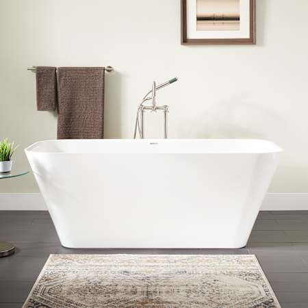 Signature Hardware Inoma 59" Solid Surface Soaking Freestanding Tub with Integrated Drain and Overflow White