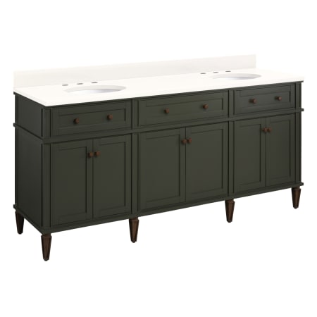 Signature Hardware Elmdale 72" Freestanding Mahogany Double Basin Vanity Set with Cabinet, Vanity Top, and Oval Undermount Sink - 8" Faucet Holes Dark Olive Green / Arctic White