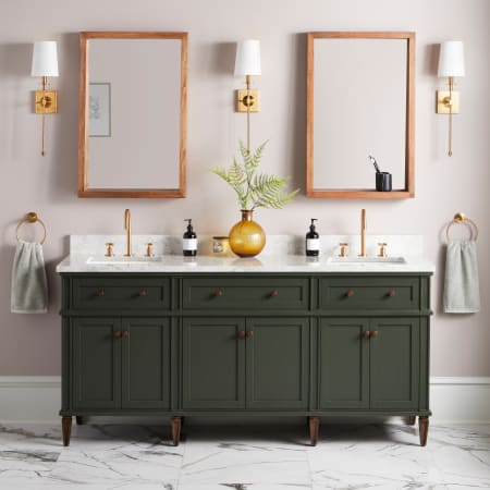 Signature Hardware Elmdale 72" Double Vanity Set with Mahogany Cabinet, Quartz Vanity Top, and Rectangular Sinks - 8" Widespread Faucet Holes Dark Olive Green / Carrara Marble