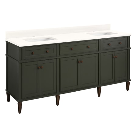 Signature Hardware Elmdale 72" Freestanding Mahogany Double Basin Vanity Set with Cabinet, Vanity Top, and Rectangular Undermount Sink - Single Faucet Holes Dark Olive Green / Arctic White
