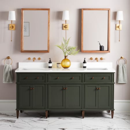 Signature Hardware Elmdale 72" Freestanding Mahogany Double Basin Vanity Set with Cabinet, Vanity Top, and Rectangular Undermount Sink - No Faucet Holes Dark Olive Green / Arctic White