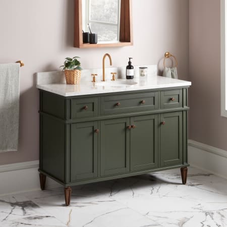 Signature Hardware Elmdale 48" Freestanding Mahogany Single Basin Vanity Set with Cabinet, Vanity Top, and Oval Undermount Sink - 8" Widespread Faucet Holes Dark Olive Green / Carrara Marble