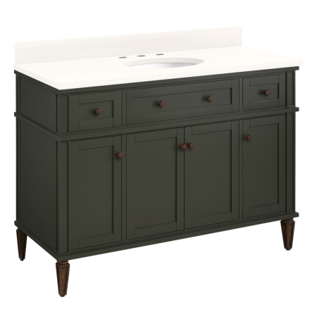 Signature Hardware Elmdale 48" Freestanding Mahogany Single Basin Vanity Set with Cabinet, Vanity Top, and Oval Undermount Sink - 8" Faucet Holes Dark Olive Green / Arctic White