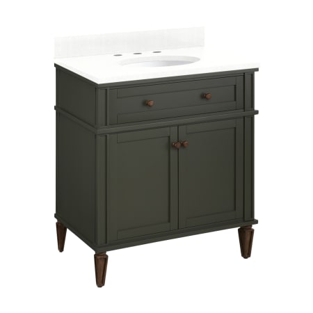 Signature Hardware Elmdale 30" Freestanding Mahogany Single Basin Vanity Set with Cabinet, Vanity Top, and Oval Undermount Sink - 8" Widespread Faucet Holes Dark Olive Green / Feathered White