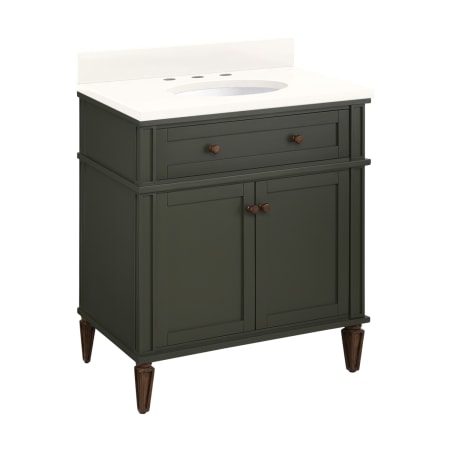 Signature Hardware Elmdale 30" Freestanding Mahogany Single Basin Vanity Set with Cabinet, Vanity Top, and Oval Undermount Sink - 8" Faucet Holes Dark Olive Green / Arctic White