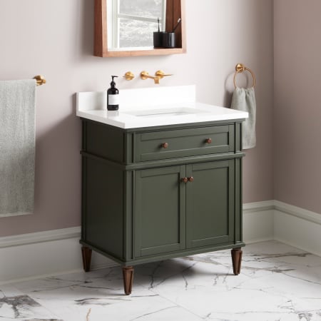 Signature Hardware Elmdale 30" Freestanding Mahogany Single Basin Vanity Set with Cabinet, Vanity Top, and Rectangular Undermount Sink - No Faucet Holes Dark Olive Green / Arctic White