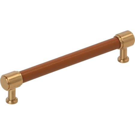 Signature Hardware Lazzara 6-5/16 Inch Center to Center Cognac Leather Bar Cabinet Pull Brushed Gold
