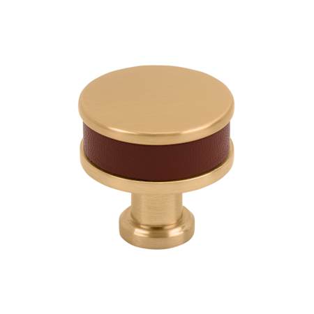 Signature Hardware Lazzara 1-1/4 Inch Brown Leather Mushroom Cabinet Knob Brushed Gold
