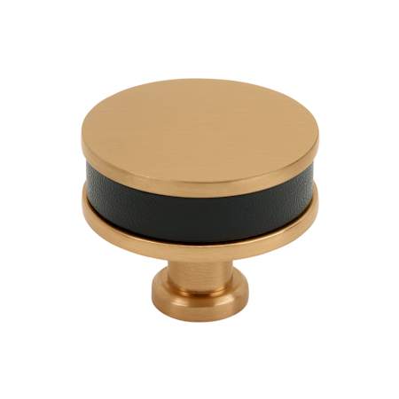 Signature Hardware Lazzara 1-1/2 Inch Black Leather Mushroom Cabinet Knob Brushed Gold