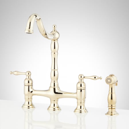Signature Hardware Delacour 1.75 GPM Double Handle Bridge Kitchen Faucet with Side Spray Polished Brass