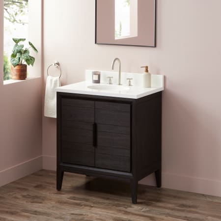 Signature Hardware Aliso 30" Freestanding Teak Single Basin Vanity Set with Cabinet, Vanity Top, and Oval Undermount Sink - 8" Widespread Faucet Holes Charred Timber Black / Arctic White
