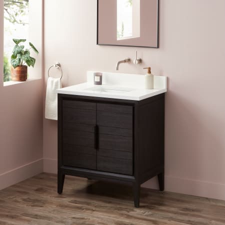Signature Hardware Aliso 30" Freestanding Teak Single Basin Vanity Set with Cabinet, Vanity Top, and Rectangular Undermount Sink - No Faucet Holes Charred Timber Black / Arctic White
