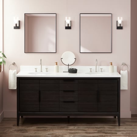 Signature Hardware Aliso 72" Freestanding Teak Double Basin Vanity Set with Cabinet, Vanity Top, and Oval Undermount Sinks - 8" Faucet Holes Charred Timber Black / Arctic White
