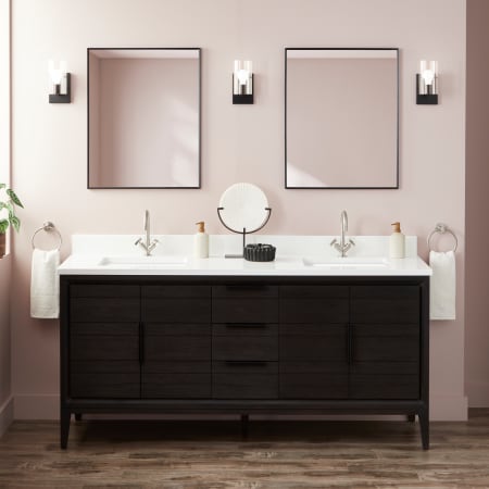 Signature Hardware Aliso 72" Freestanding Teak Double Basin Vanity Set with Cabinet, Vanity Top, and Rectangular Undermount Sinks - Single Faucet Holes Charred Timber Black / Arctic White