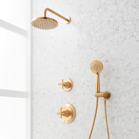 Signature Hardware Elita Pressure Balanced Shower System with Rainfall Shower Head, Cross Handles, Hand Shower, Hose, Valve Trim and Diverter - Accufit Rough-In Valve Included Brushed Gold