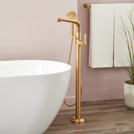 Signature Hardware Elita Floor Mounted Tub Filler Faucet with Lever Handle - Includes Hand Shower and Valve without Stops Brushed Gold