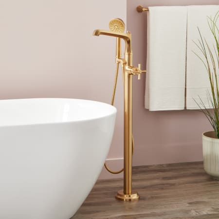 Signature Hardware Elita Floor Mounted Tub Filler Faucet with Cross Handle - Includes Hand Shower and Valve without Stops Brushed Gold