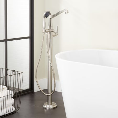 Signature Hardware Pendleton Floor Mounted Tub Filler Faucet - Includes Hand Shower and Valve with Stops Brushed Nickel