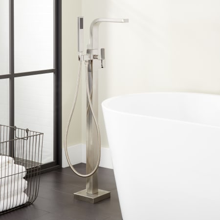 Signature Hardware Hibiscus Floor Mounted Tub Filler Faucet - Includes Hand Shower and Valve without Stops Brushed Nickel